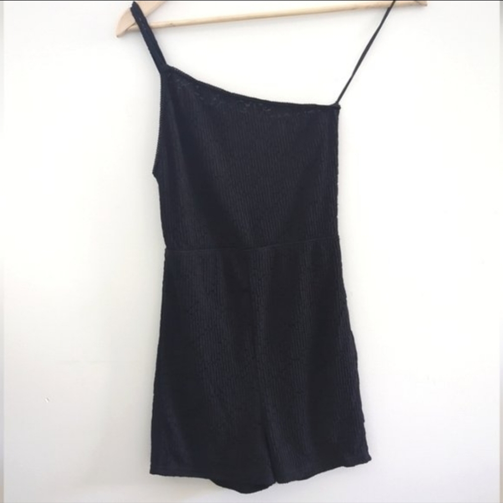 ZARA | Women's Black Lace One Shoulder Stretchy Short Jumpsuit